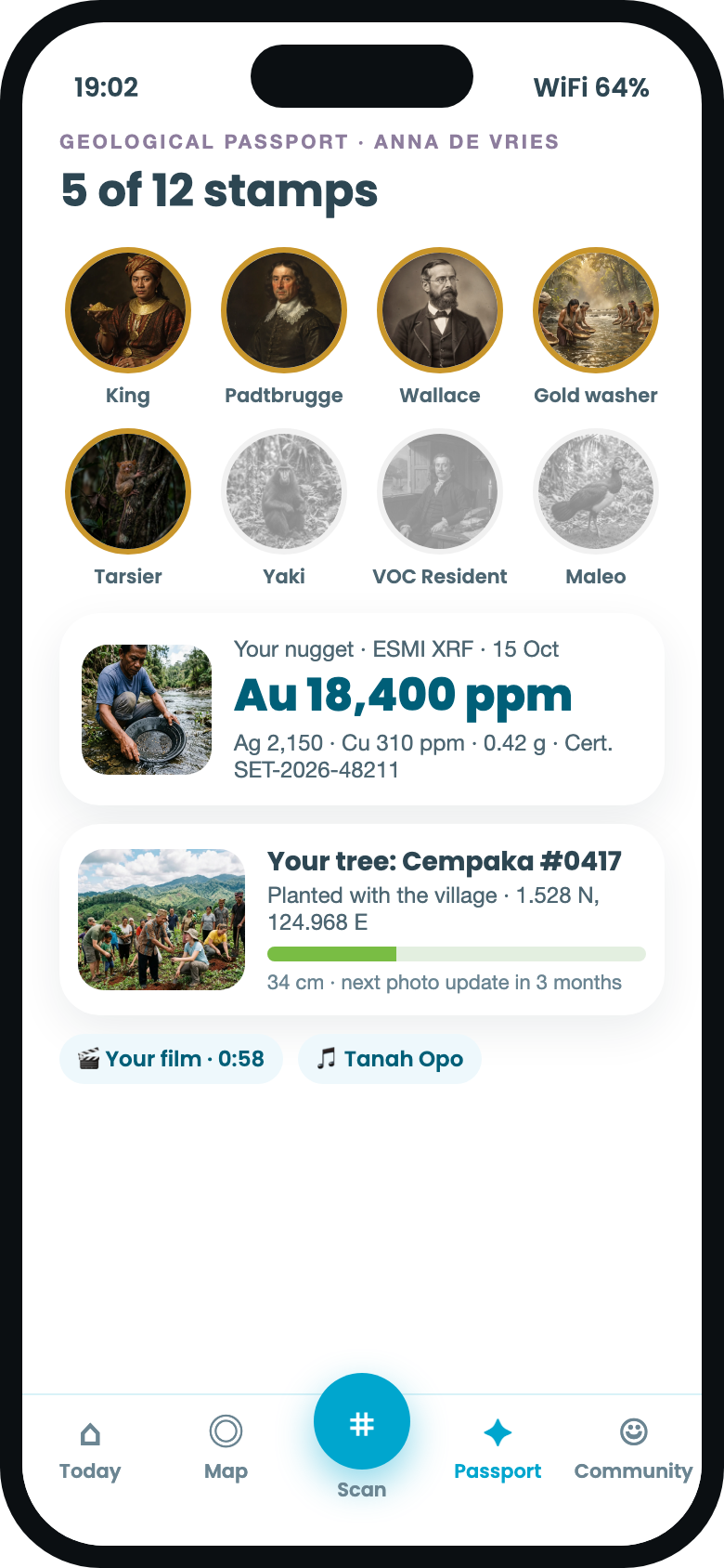 Earth Trails app: geological passport with stamps and XRF result