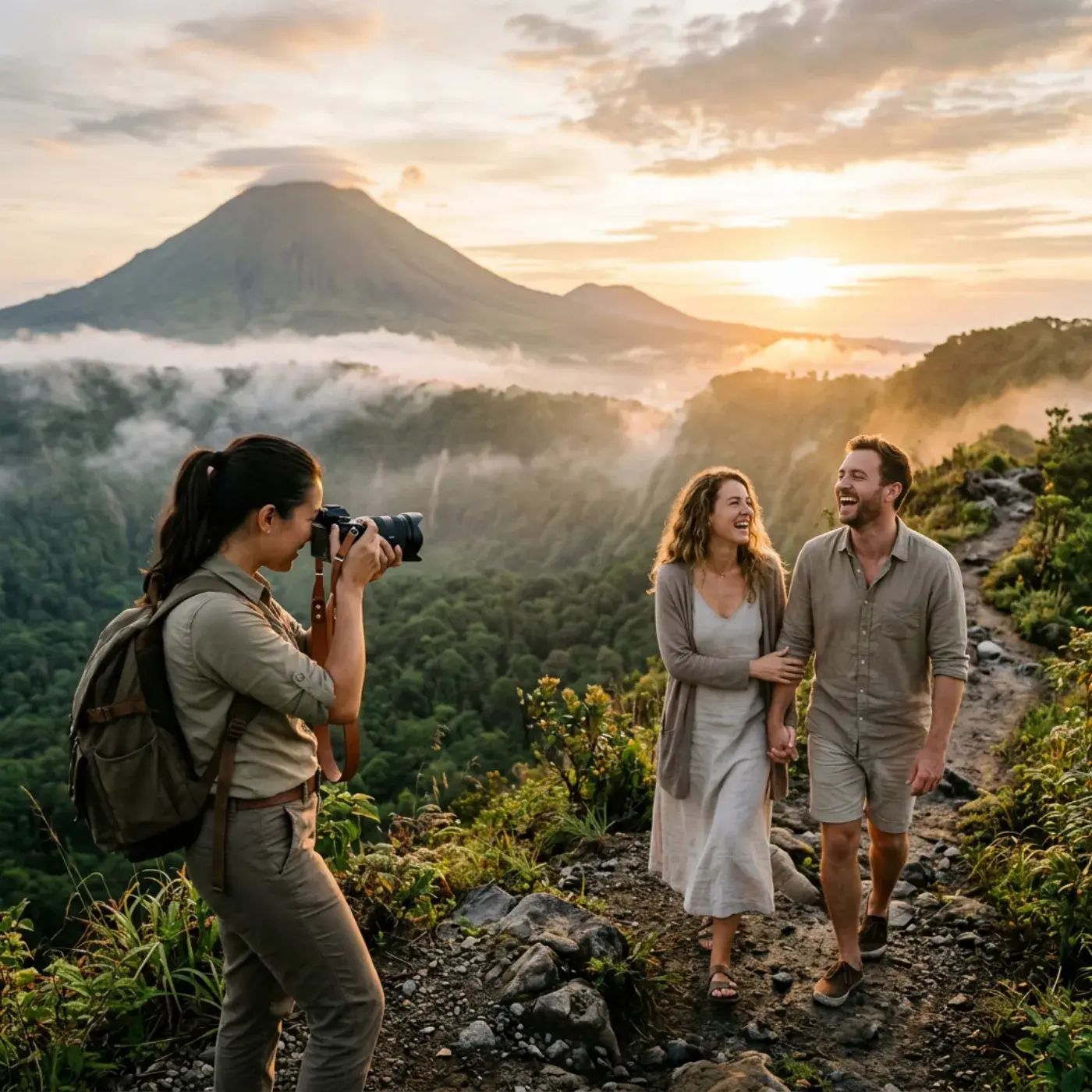 A photographer taking photos of a couple on a crater rim at sunrise