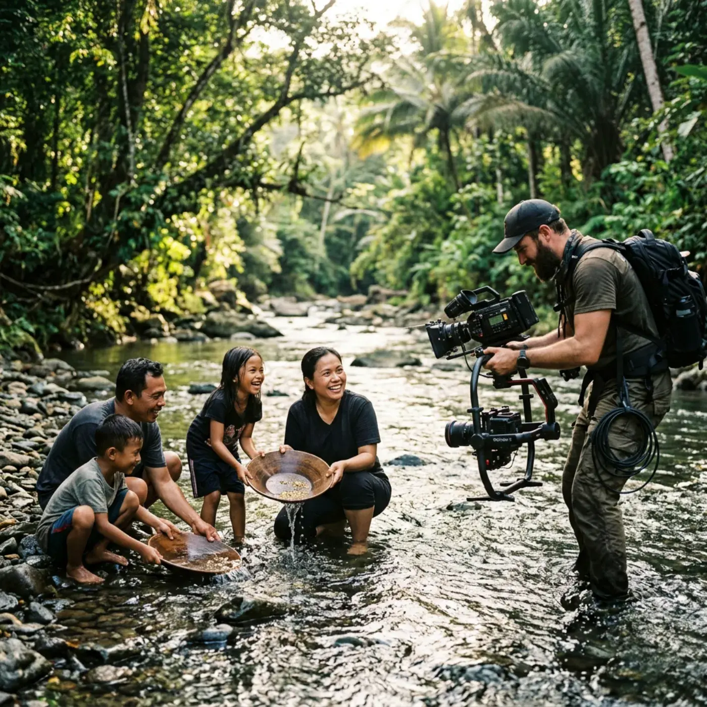 A videographer filming a family panning for gold in a jungle river