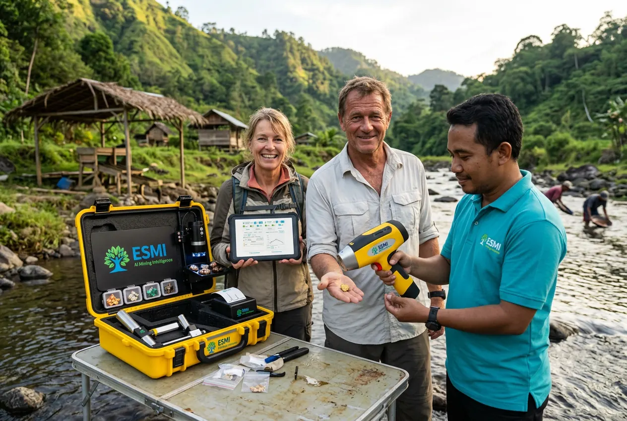 Tourists with an ESMI technician scanning a nugget with the ESMI XRF analyser