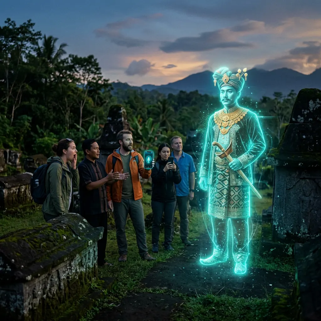 Tourists meeting a hologram of a Minahasan king at the waruga