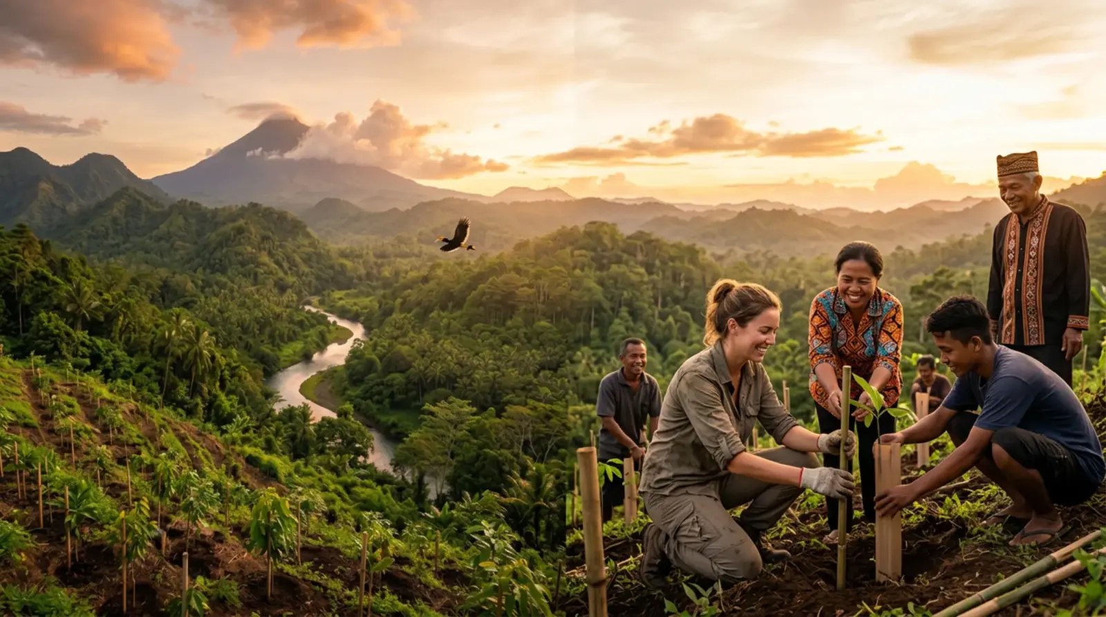 Travellers and Minahasan villagers planting native trees together on a restored hillside above the rainforest