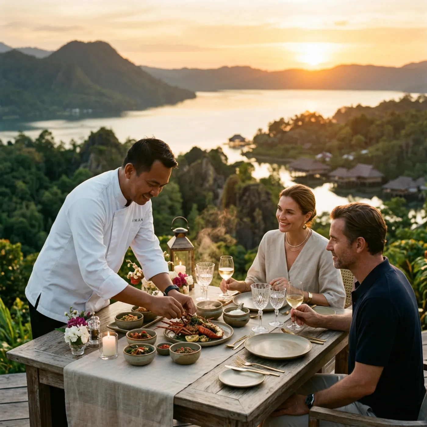Private chef serving guests at sunset