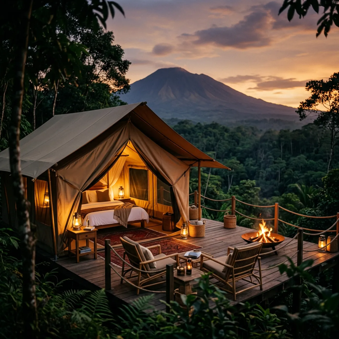 Luxury safari suite with Mount Klabat behind