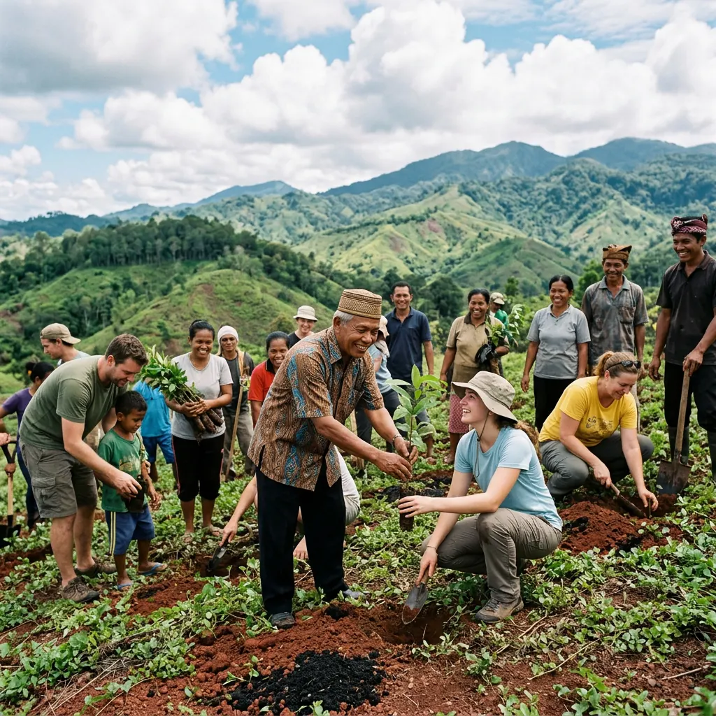 Travellers and villagers planting trees together